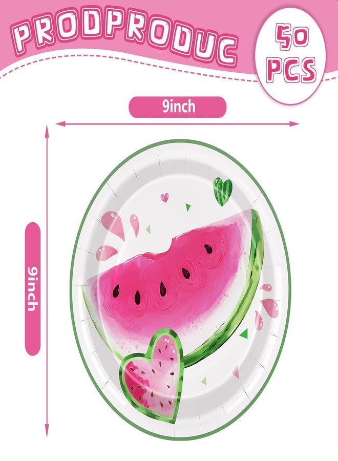 JarThenaAMCS 50Pcs Watermelon Paper Plates Summer Fruit Disposable Plates 9 Inch Heart Melon Dinner Dessert Plates for Birthday Baby Shower Pool Party - Image 2