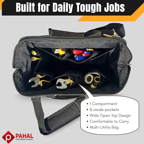 PAHAL 12 Inch Tool Bag – Multipurpose Nylon Water-Resistant Tool Storage Organizer for Electricians, Plumbers, Technicians & Mechanics, Durable Portable Tool Carry Bag, Yellow Black - Image 3