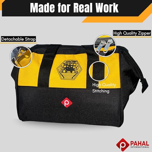 PAHAL 12 Inch Tool Bag – Multipurpose Nylon Water-Resistant Tool Storage Organizer for Electricians, Plumbers, Technicians & Mechanics, Durable Portable Tool Carry Bag, Yellow Black - Image 2