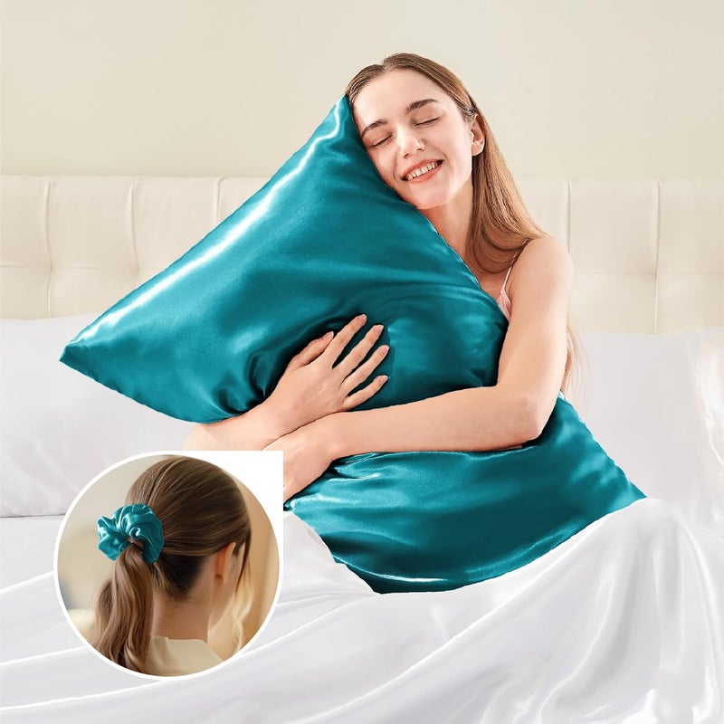 BEDELITE Satin Cushion Cover, Set of 2, 40 x 80 cm, Petrol | Silk Pillowcase Alternative, Soft for Summer, 2 Hair Bobbles Included, for Hair and Skin - Image 5