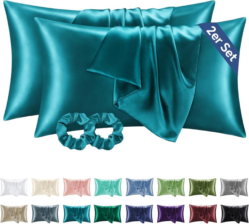 BEDELITE Satin Cushion Cover, Set of 2, 40 x 80 cm, Petrol | Silk Pillowcase Alternative, Soft for Summer, 2 Hair Bobbles Included, for Hair and Skin - Image 1