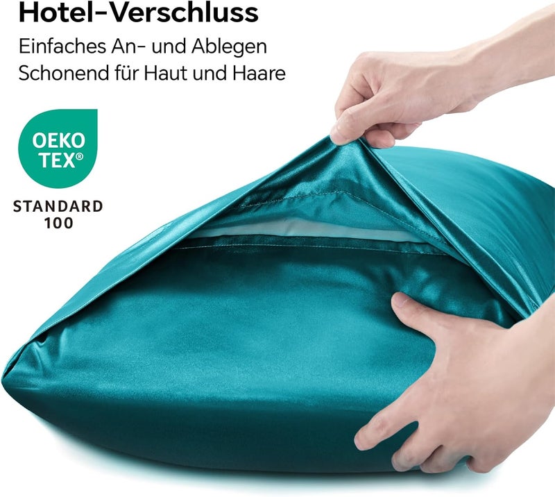 BEDELITE Satin Cushion Cover, Set of 2, 40 x 80 cm, Petrol | Silk Pillowcase Alternative, Soft for Summer, 2 Hair Bobbles Included, for Hair and Skin - Image 2