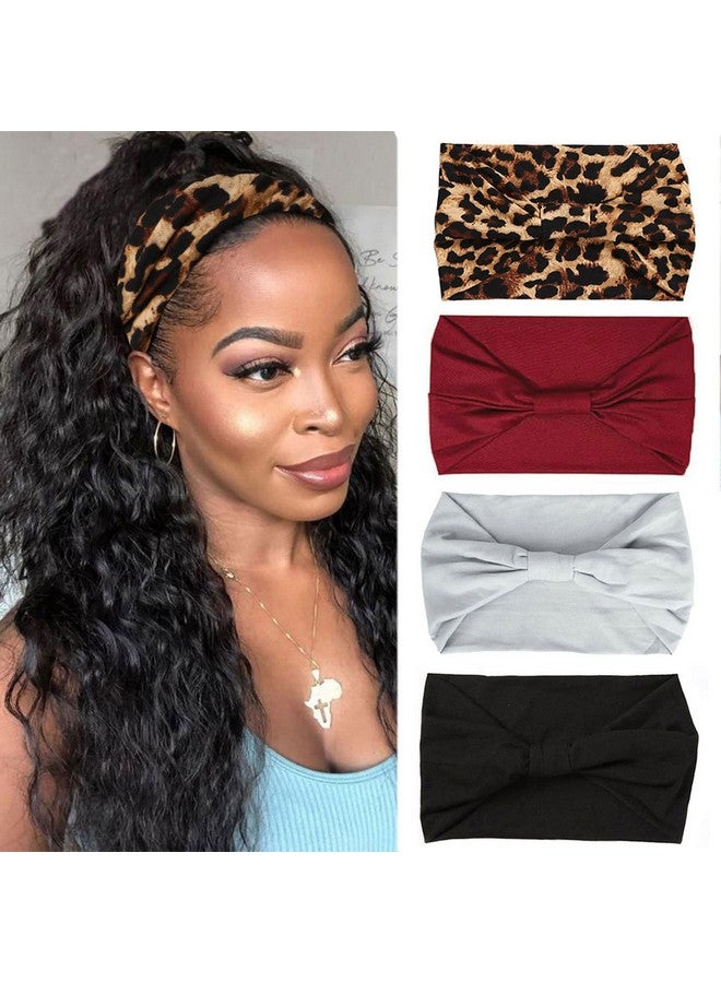 Xtrend 4 Packs Wide Headband Fashion Headscarf Bohemian Style Elastic Knotted Nonslip Headband Suitable For Black Women Outdoor Yoga Sports Printed Hair Accessories - Image 1