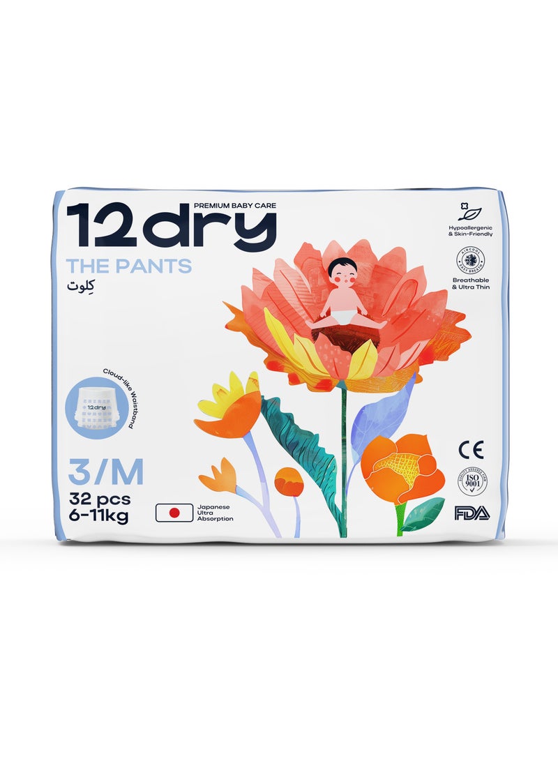 12dry Pants premium baby care Size 3, 6-11 Kg, 32 Count Ultra-Absorbent, Thin & Breathable, Eco-Friendly Baby Pants with Soft Elastic Waistband - Image 1