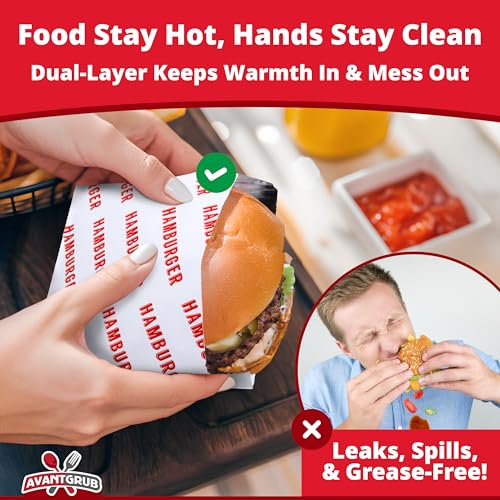 Avant Grub Retro, Grease Proof Burger Wrappers Combo 200pk. Insulated, Pro Quality Bulk Hamburger and Cheeseburger Bags are BPA Free. Large, Allergen Friendly BBQ Foil Paper Great Cooking Supply For Themed Party - Image 4