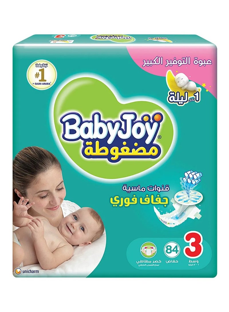 حفاضات بيبي جوي بتصميم شريط باد الماس المضغوط، 84 قطعة، عبوة عملاقة، الحجم 3 متوسط، 6-12 كجم - حماية من التسرب لمدة 12 ساعة، ناعمة كالقطن، مرونة في الخصر، قابلة للتنفس