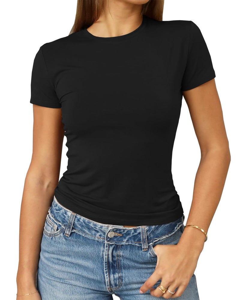 Abardsion Women's Casual Basic Going Out Crop Tops Slim Fit Short Sleeve Crew Neck Tight T Shirts 2026 (Black, L) - Image 1