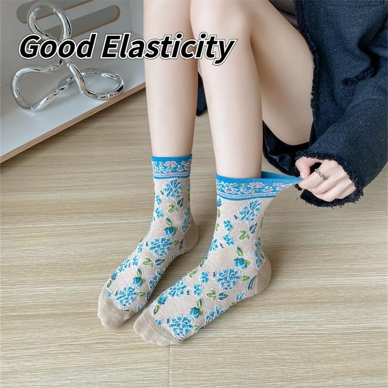 FORJMMP Vintage Style Crew Socks with Cute Floral Cuff for Women (5 Pairs-Set 12) - Image 5
