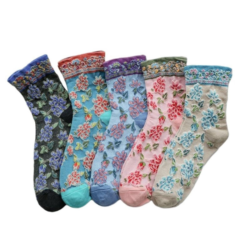 FORJMMP Vintage Style Crew Socks with Cute Floral Cuff for Women (5 Pairs-Set 12) - Image 1