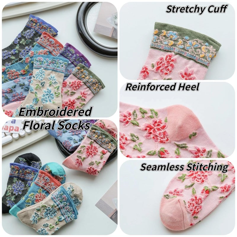 FORJMMP Vintage Style Crew Socks with Cute Floral Cuff for Women (5 Pairs-Set 12) - Image 4