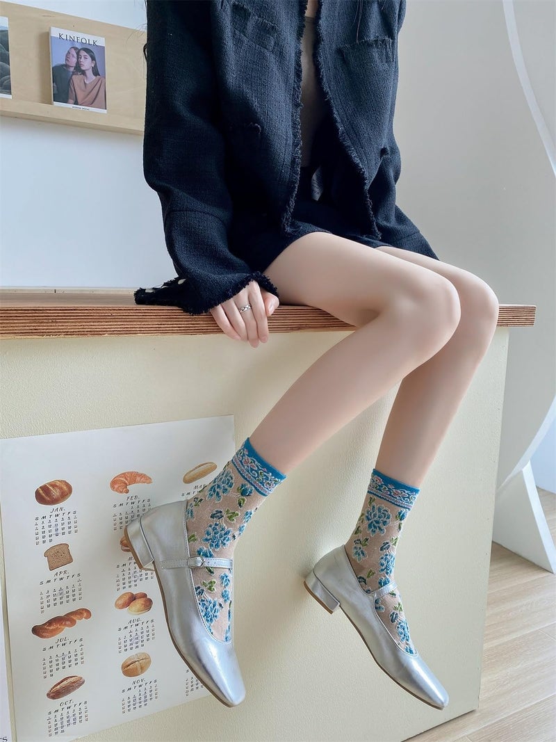 FORJMMP Vintage Style Crew Socks with Cute Floral Cuff for Women (5 Pairs-Set 12) - Image 3