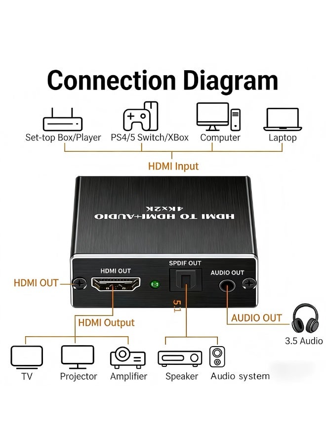 إيغوروف محول مستخرج صوت HDMI 4K، محول HDMI إلى HDMI + صوت، يدعم دقة 4Kx2K، لـ PS4/PS5 والتلفزيون ومكبرات الصوت - Image 4