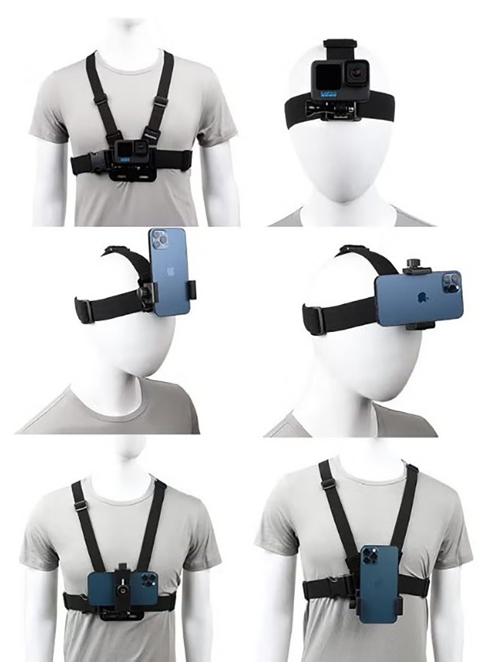 QIRG Mobile Phone Chest Strap Harness Mount Head Strap Holder Kit Works with all phone clips compatible with iPhone, Samsung, GoPro Hero 13,12,11,10,9, 8,7, 6,5,4, 3,2,1, AKASO, DJI Osmo and POV/VLOG.