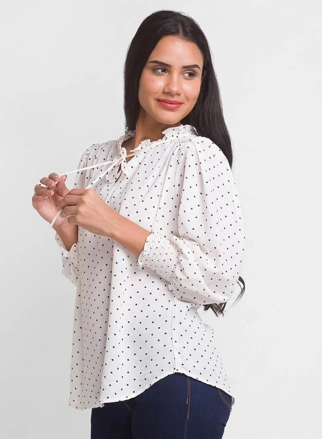 جلو باص بلوزة جلوبس بأكمام بالون وربطة عنق بنقاط البولكا