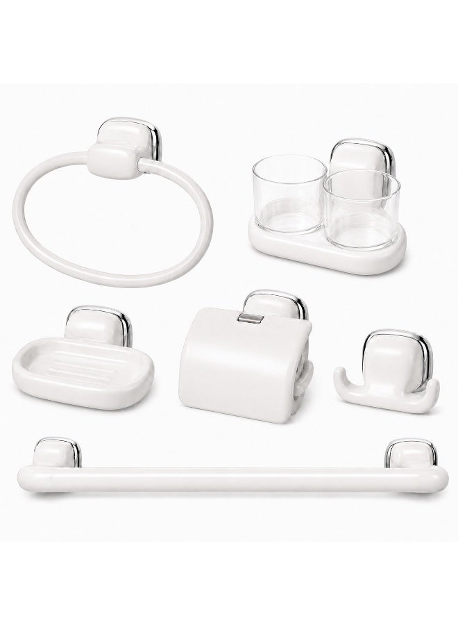 Primanova 6-Piece Bathroom Accessories Set Wall Mounted Towel Rack Ring Toilet Paper Holder Soap Dish Double Hook Toothbrush Cup (White) - Image 1