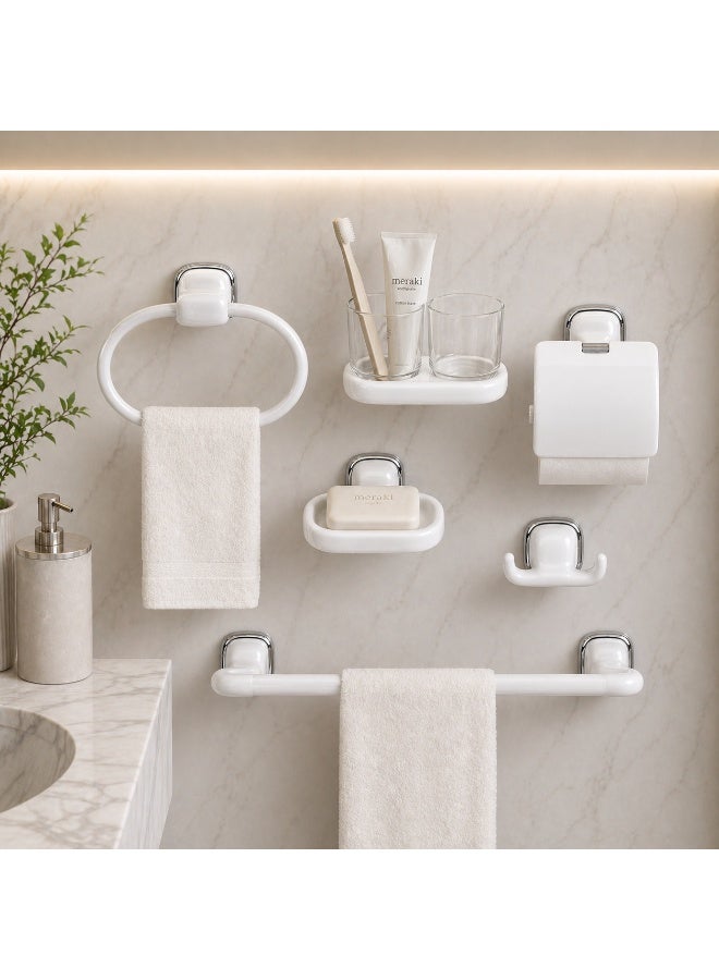 Primanova 6-Piece Bathroom Accessories Set Wall Mounted Towel Rack Ring Toilet Paper Holder Soap Dish Double Hook Toothbrush Cup (White) - Image 2