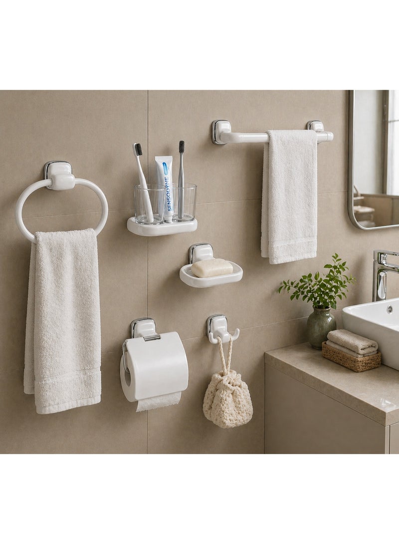 Primanova 6-Piece Bathroom Accessories Set Wall Mounted Towel Rack Ring Toilet Paper Holder Soap Dish Double Hook Toothbrush Cup (White) - Image 3