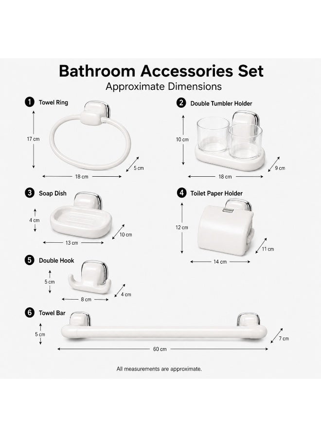 Primanova 6-Piece Bathroom Accessories Set Wall Mounted Towel Rack Ring Toilet Paper Holder Soap Dish Double Hook Toothbrush Cup (White) - Image 4