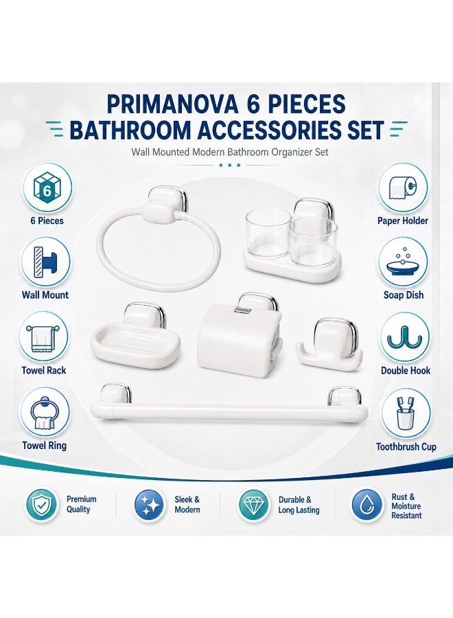 Primanova 6-Piece Bathroom Accessories Set Wall Mounted Towel Rack Ring Toilet Paper Holder Soap Dish Double Hook Toothbrush Cup (White) - Image 5
