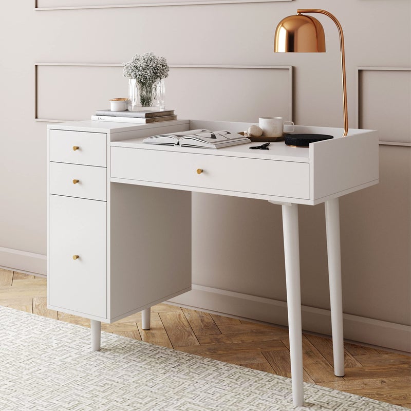 Nathan James Daisy Vanity Dressing Table or Makeup Desk with 4Drawers and Brass Accent Knobs White Wood