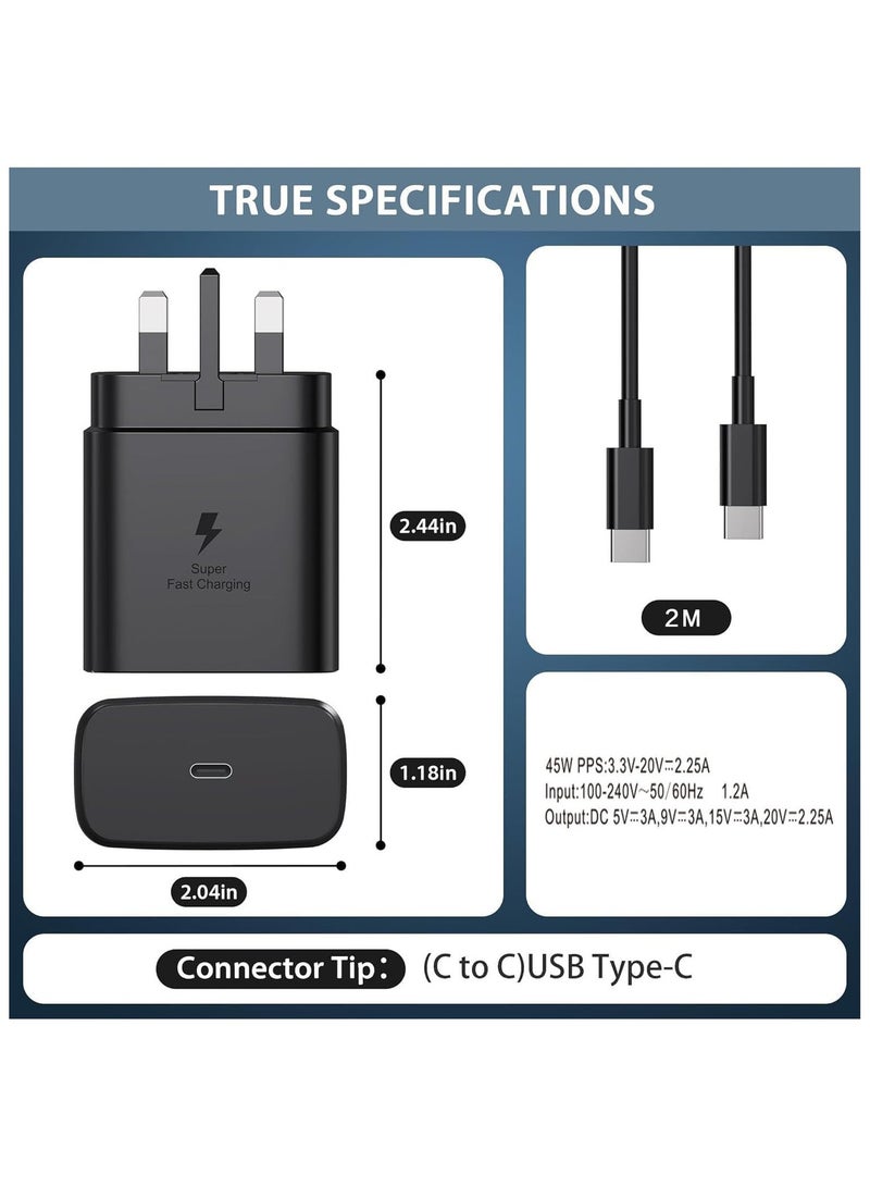شاحن سريع 45 وات عالي التقنية لرأس شاحن سامسونج جالاكسي، مع كابل شحن من النوع C بطول 2 متر، S23 Ultra S23 Plus S23 S23 S22 Ultra S22 S21 Ultra S21 S21 A54 A53 A52 A32 - Image 5