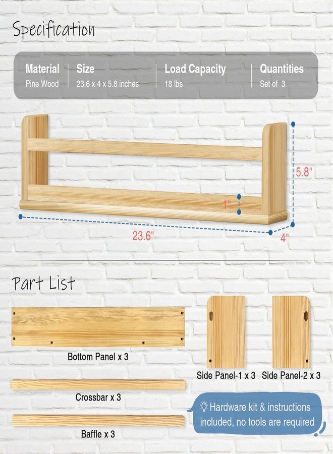 Harwaya Natural Wood Wall Bookshelf for Kids Bedroom Set of 3, 24 Inch Wooden Floating Nursery Book Shelves for Baby Boy Girl Room, Wall Mounted Toddler Book Shelf for Toy Organizers and Storage - Image 3