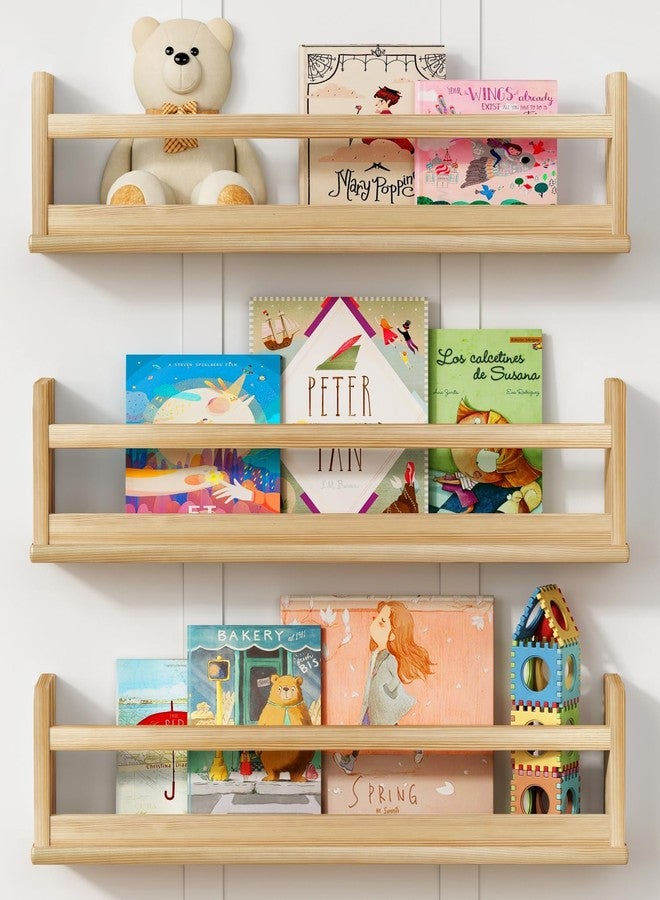 Harwaya Natural Wood Wall Bookshelf for Kids Bedroom Set of 3, 24 Inch Wooden Floating Nursery Book Shelves for Baby Boy Girl Room, Wall Mounted Toddler Book Shelf for Toy Organizers and Storage - Image 1