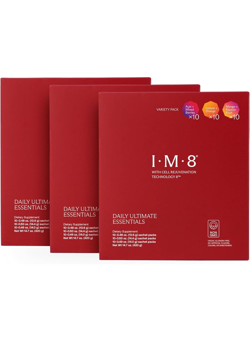 IM8 Daily Ultimate Essentials All-in-One Multivitamin Supplement, 92 Nutrient Rich Ingredients CoQ10, Probiotics, Vitamins, Greens, Gluten Free, Vegan, Variety Pack (90 Powder Packets) - Image 1