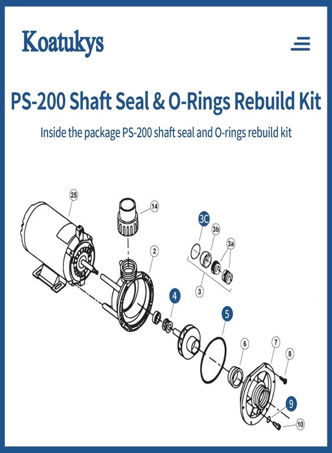 Koatukys PS-200 5/8" Shaft Seal and O-Ring Rebuild Kit Replace for Aqua-Flo XP2 XP2E Flo-Master Series Pool Pump, Includes Volute O-Ring, Union O-Ring, Drain Plug O-Ring and PS-200 Shaft Seal - Image 3