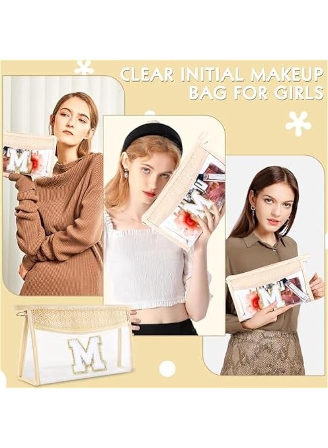 Boho Straw Clear Makeup Bag Initial Cosmetic Bags Personalized Chenille Letter Patch Beach Bag Zipper Travel Essentials Sunscreen Makeup Pouch Waterproof Toiletry Purse for Women Girls M - Image 2