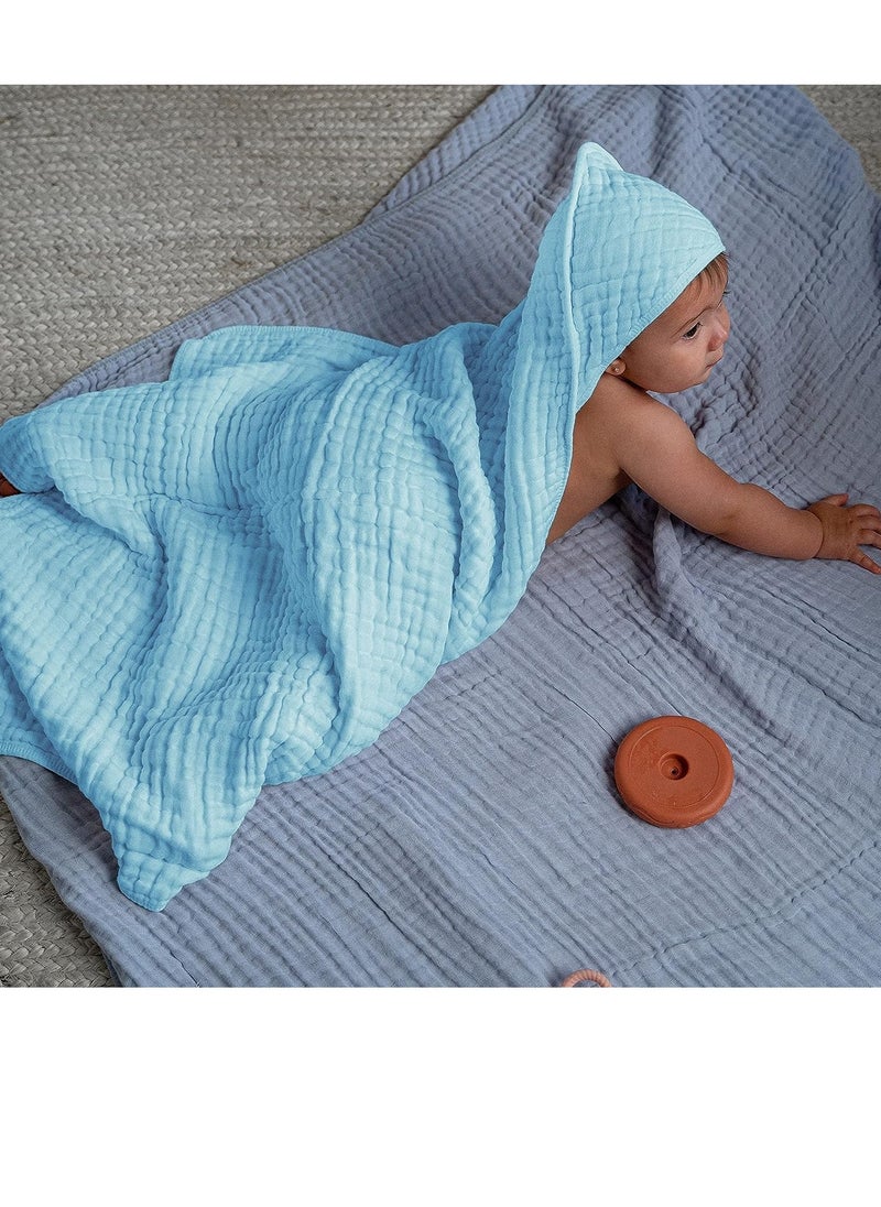 Comfy Cubs - Comfy Cubs 2 Pack Baby Hooded 9 Layer Muslin Cotton Towel and Baby Muslin Blanket Bundled Sky Blue - Image 1