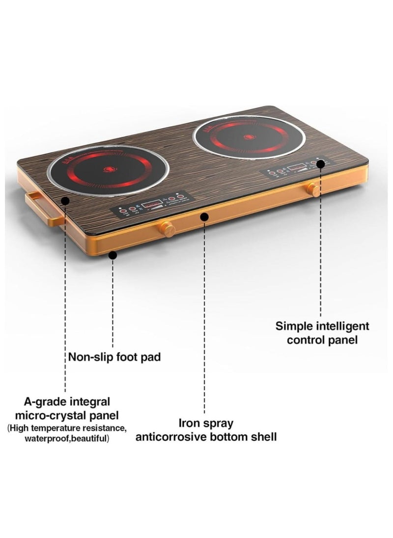 Generic - Portable Dual Electric Hot Plate Induction Cooktop – 2 Burner 3500W Electric Ceramic Stove with 10 Temp Levels, Timer & Safety Lock – Double Infrared Hot Plates Wooden Design - Image 1