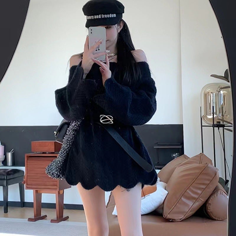 Korean Style Irregular Lace Hollow Knitted Top Womens Autumn Gentle Style Casual Sweet Shoulder Loose Pullover Sweater navy blue [send belt]]