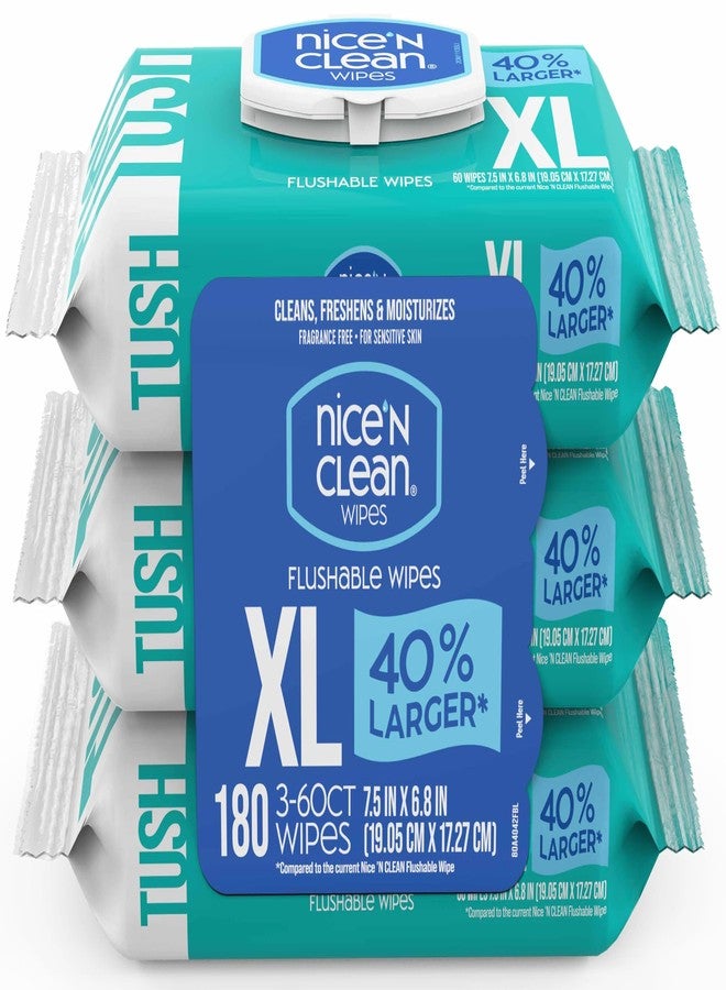 Nice 'N CLEAN Extra Large Flushable Wipes | 40% Larger Wipes | 6.8" x 7.5" Unscented XL Adult Wet Wipes | Septic and Sewer Safe | Fragrance Free, Hypoallergenic, Plant Based | 180 Butt Wipes - Image 1