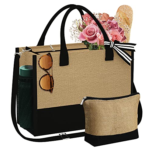 YOOLIFE Mothers Day Gift Basket - Birthday Gifts for Women, Teacher Appreciation Gifts, Birthday for Women Her Mom Friend Sister Bridal Shower Gift, Personalized Jute Beach Tote Bag Makeup Bag - Image 1
