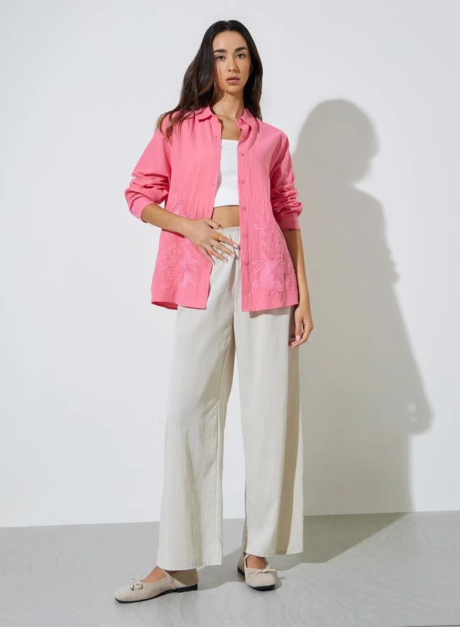 Styli Pink Embroidered Hem Longline Shirt