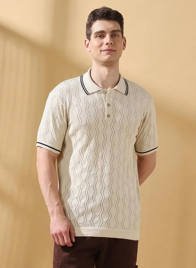 Dennis Lingo Men's Off White Cotton Blend Textured Relaxed T-Shirt