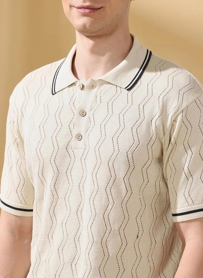 Dennis Lingo Men's Off White Cotton Blend Textured Relaxed T-Shirt