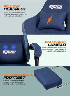 DROGO Throne Ergonomic Gaming Chair, Video Game Chair with Linkage Armrest, Footrest & Adjustable Seat Computer Chair with Fabric, Head & Massager Lumbar Pillow Home & Office Chair with Recline Dark Blue  - Image 4