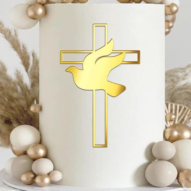 ALNGFUIK Cross Peace Dove Cake DecorationMirror Gold Acrylic Dove Cross for Baptism Holy Communion Christening Baby Shower Baptist Theme Party Birthday Supplies - Image 3