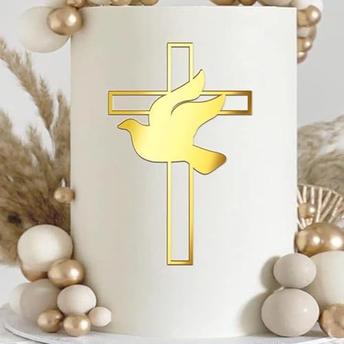 ALNGFUIK Cross Peace Dove Cake DecorationMirror Gold Acrylic Dove Cross for Baptism Holy Communion Christening Baby Shower Baptist Theme Party Birthday Supplies - Image 1