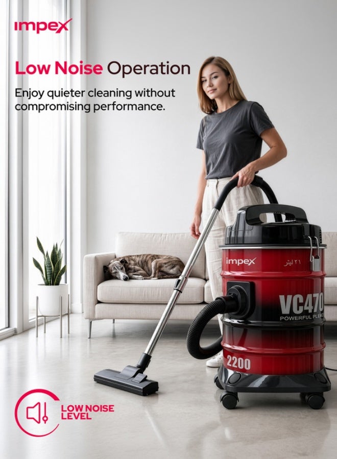 Impex 21 Liter Large Capacity Vacuum Cleaner, 2200W High Power, Strong Metal Body, Blower Function, Telescopic Tube & Dust Full Indicator | Low Noise Operation, Spotless Clean Multi Surfaces Cleaner, With Carrying Handle, Red and Black, VC4704 Multicolour 21 L 2200 W VC4704 multicolour - Image 3