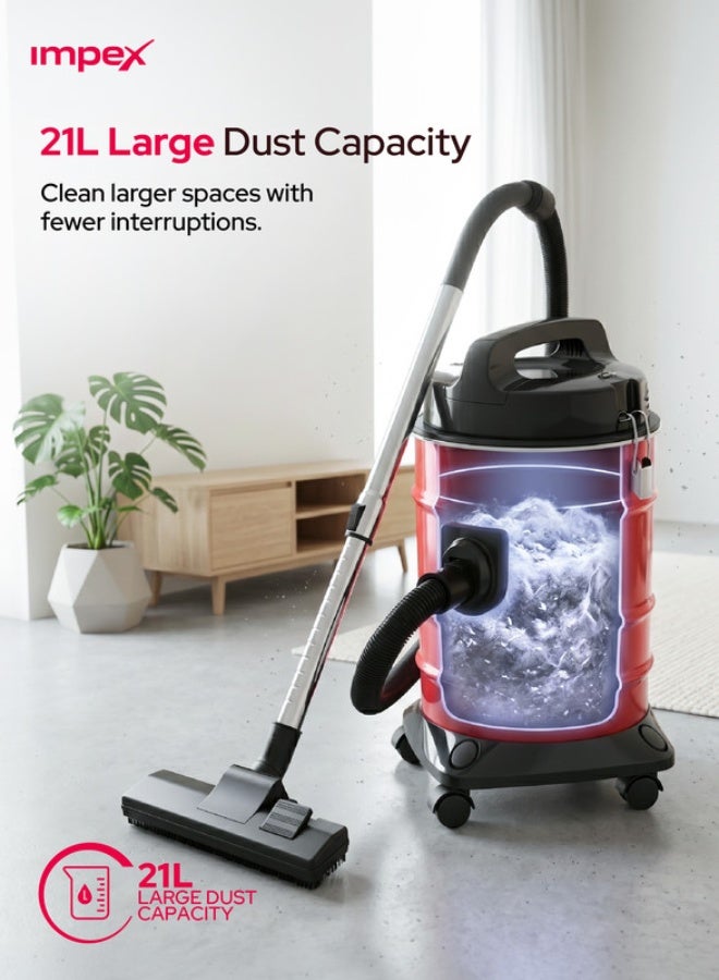 Impex 21 Liter Large Capacity Vacuum Cleaner, 2200W High Power, Strong Metal Body, Blower Function, Telescopic Tube & Dust Full Indicator | Low Noise Operation, Spotless Clean Multi Surfaces Cleaner, With Carrying Handle, Red and Black, VC4704 Multicolour 21 L 2200 W VC4704 multicolour - Image 2