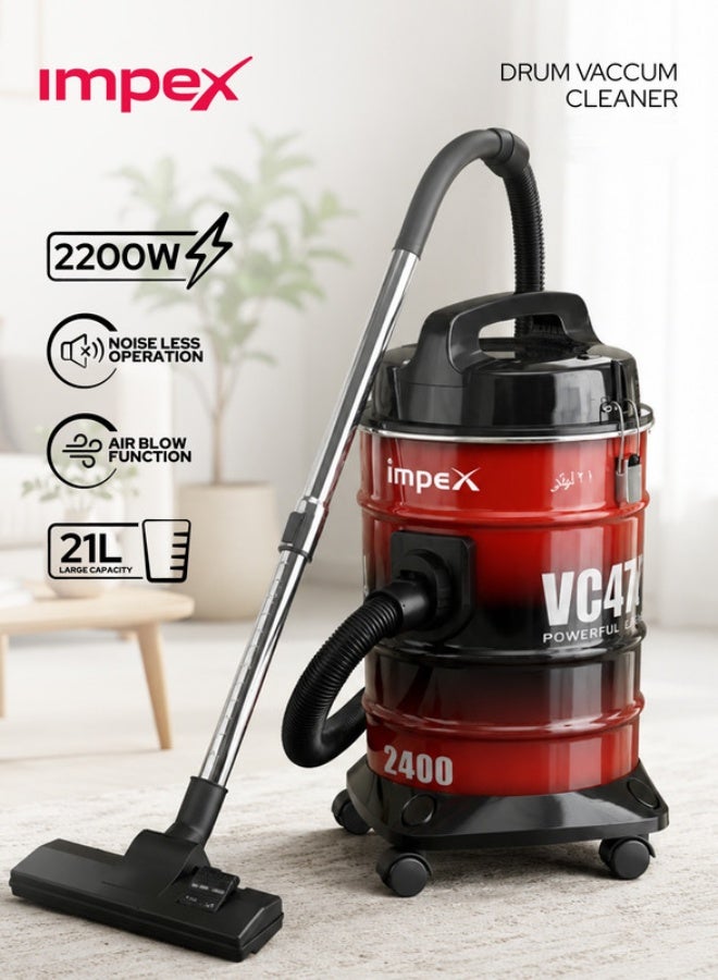 Impex 21 Liter Large Capacity Vacuum Cleaner, 2200W High Power, Strong Metal Body, Blower Function, Telescopic Tube & Dust Full Indicator | Low Noise Operation, Spotless Clean Multi Surfaces Cleaner, With Carrying Handle, Red and Black, VC4704 Multicolour 21 L 2200 W VC4704 multicolour - Image 1