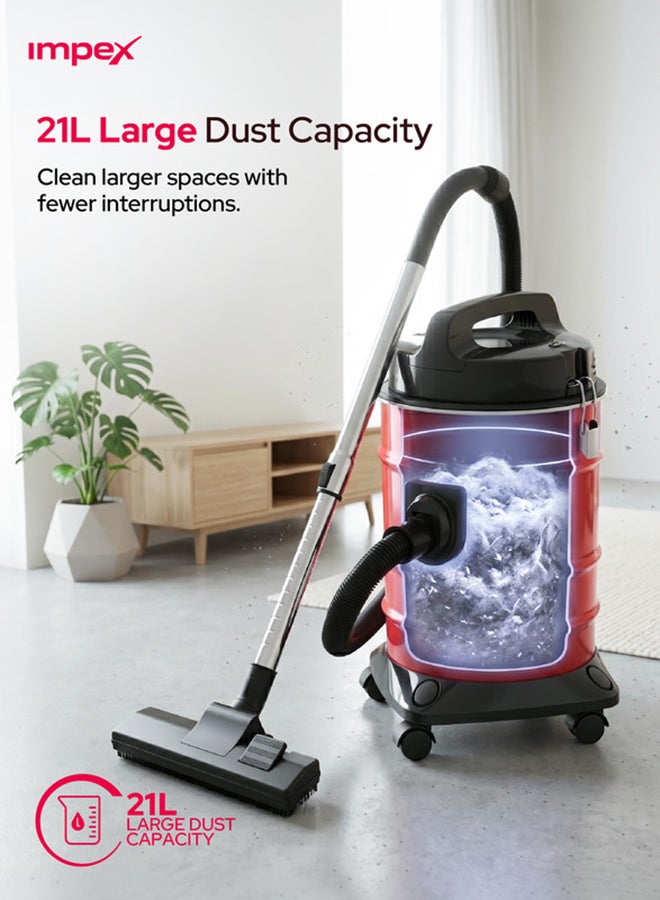 Impex 21 Liter Large Capacity Vacuum Cleaner, 2000W High Power, Strong Metal Body, Blower Function, Telescopic Tube & Dust Full Indicator | Low Noise Operation, Spotless Clean Multi Surfaces Cleaner, With Carrying Handle, Red and Black, VC4704 Multicolour 21 L 2000 W VC4704 multicolour - Image 3