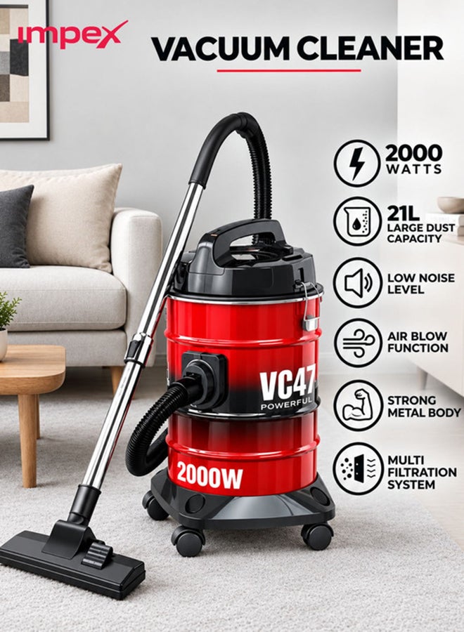 Impex 21 Liter Large Capacity Vacuum Cleaner, 2000W High Power, Strong Metal Body, Blower Function, Telescopic Tube & Dust Full Indicator | Low Noise Operation, Spotless Clean Multi Surfaces Cleaner, With Carrying Handle, Red and Black, VC4704 Multicolour 21 L 2000 W VC4704 multicolour - Image 1