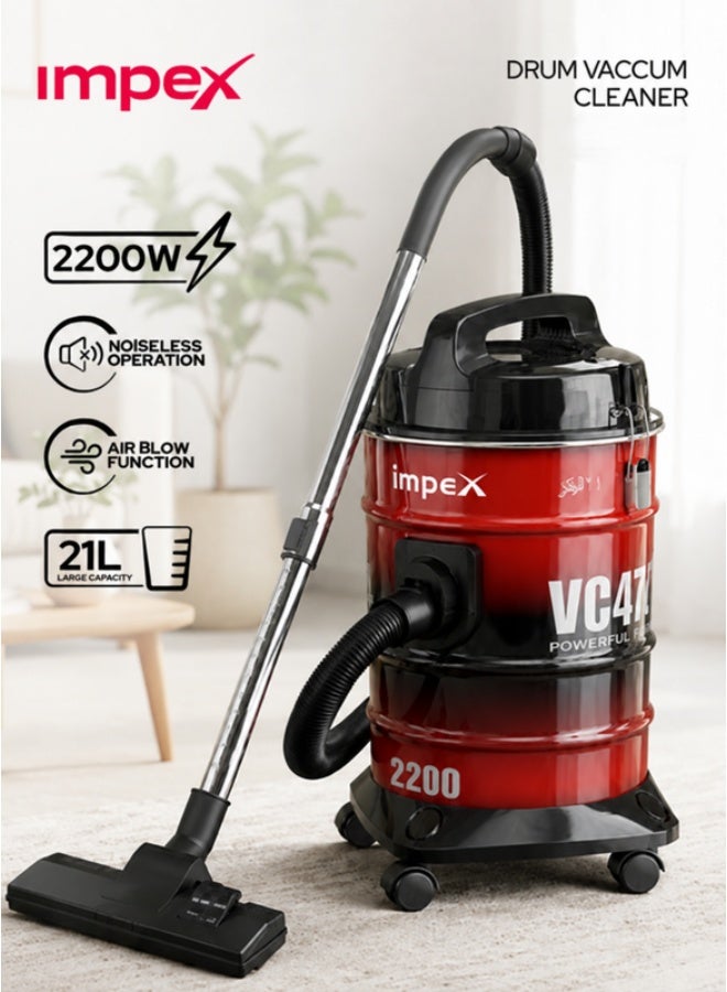 Impex 21 Liter Large Capacity Vacuum Cleaner, 2200W High Power, Strong Metal Body, Blower Function, Telescopic Tube & Dust Full Indicator | Low Noise Operation, Spotless Clean Multi Surfaces Cleaner, With Carrying Handle, Red and Black, VC4704 Multicolour 21 L 2200 W VC4704 multicolour - Image 1