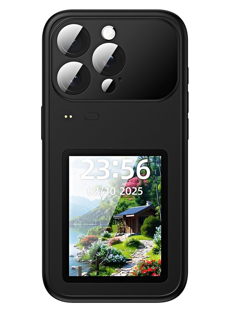 حافظة ذكية لهاتف iPhone 17 Pro، شاشة ملونة HD مقاس 3.5 بوصة، غطاء عرض سيلفي للشاشة، خلفيات مخصصة، مزامنة المكالمات والرسائل، التحكم بالموسيقى، مناسبة لغطاء الهاتف الذكي iPhone 17 Pro (أسود) - Image 1