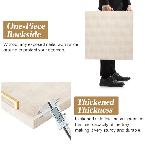XIGEXIGE Large Ottoman Tray for Coffee Table,Square Shagreen Leather Decorative Tray with Gold Handles for Living Room Decor - Image 4