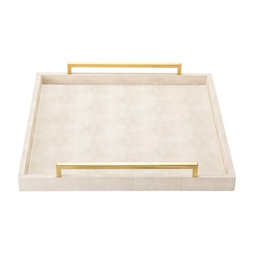 XIGEXIGE Large Ottoman Tray for Coffee Table,Square Shagreen Leather Decorative Tray with Gold Handles for Living Room Decor - Image 2